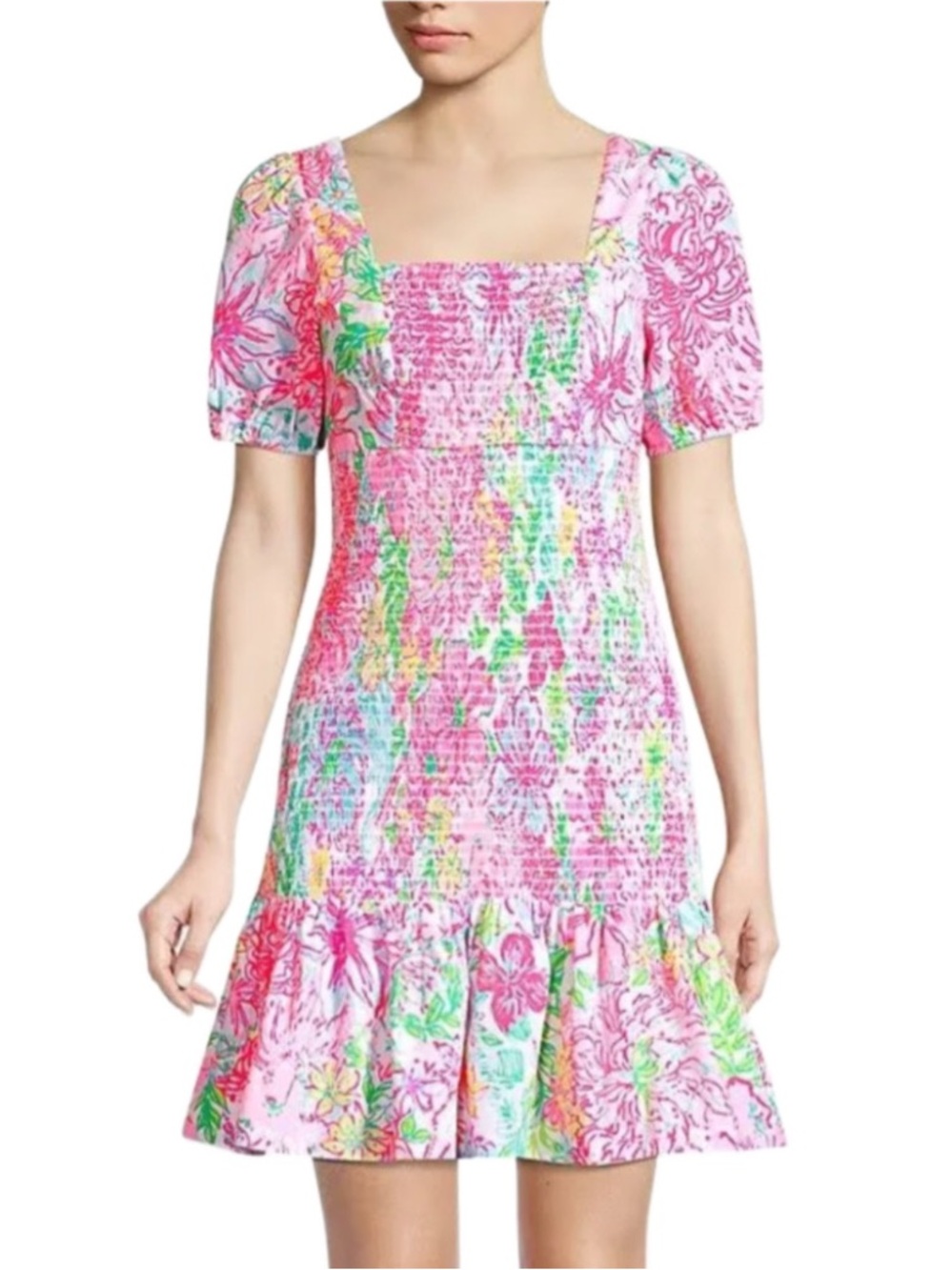 Lilly Pulitzer Evelina Pink Multicolor Floral Smocked Puff Sleeve Mini Dress S